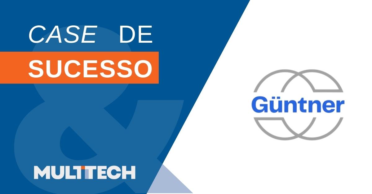 À esquerda, fundo azul com os textos 'CASE DE SUCESSO' em branco e laranja, e o logotipo da Multitech em branco. À direita, logotipo da empresa Guerra em preto e amarelo com o slogan 'É paz na estrada'.
